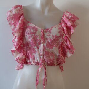 Women LoveShackFancy Pink White Ruffled Cotton Silk Floral Cropped Blouse Top XS